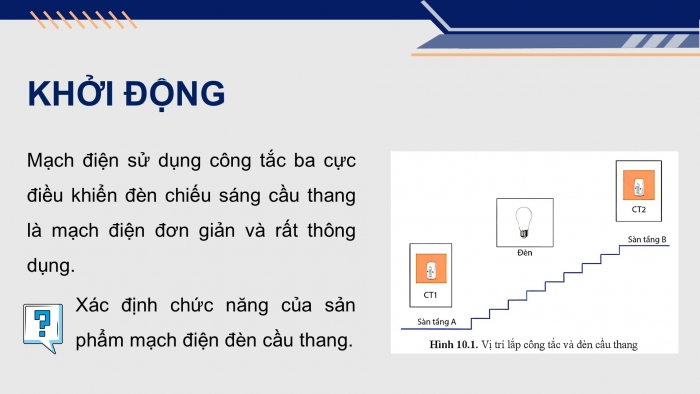 Giáo án điện tử Công nghệ 12 Điện - Điện tử Cánh diều Bài 10: Dự án Thiết kế, lắp đặt mạch điện điều khiển đèn cầu thang