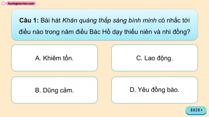 Giáo án điện tử Âm nhạc 5 cánh diều Tiết 10: Ôn tập bài hát Khăn quàng thắp sáng bình minh, Nghe nhạc Những bông hoa, những bài ca