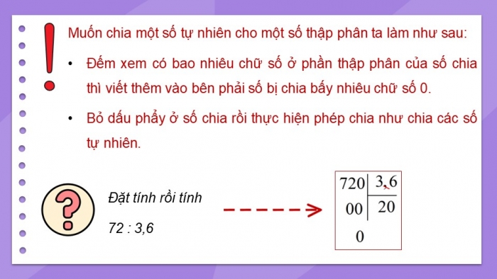 Giáo án PPT dạy thêm Toán 5 Chân trời bài 39: Chia một số tự nhiên cho một số thập phân