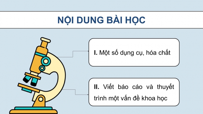 Giáo án điện tử KHTN 9 chân trời - Phân môn Sinh học Bài 1: Giới thiệu một số dụng cụ và hóa chất. Thuyết trình một vấn đề khoa học