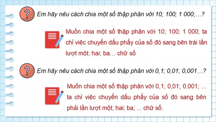 Giáo án PPT dạy thêm Toán 5 Chân trời bài 37: Chia một số thập phân cho 10; 100; 1000;... Chia một số thập phân cho 0,1; 0,01; 0,001...