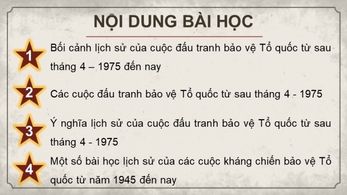 Giáo án điện tử Lịch sử 12 kết nối Bài 9: Cuộc đấu tranh bảo vệ Tổ quốc từ sau tháng 4 – 1975 đến nay. Một số bài học lịch sử của các cuộc kháng chiến bảo vệ Tổ quốc từ năm 1945 đến nay