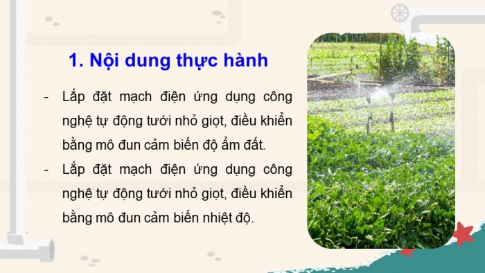 Giáo án điện tử Công nghệ 9 Nông nghiệp 4.0 Chân trời Chủ đề 4: Thực hành lắp đặt mạch điện ứng dụng công nghệ tưới tiêu tự động trong trồng trọt