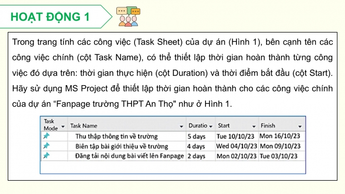 Giáo án điện tử chuyên đề Tin học ứng dụng 12 cánh diều Bài 2: Đặt tiến độ và phân bổ nguồn lực cho các công việc của dự án