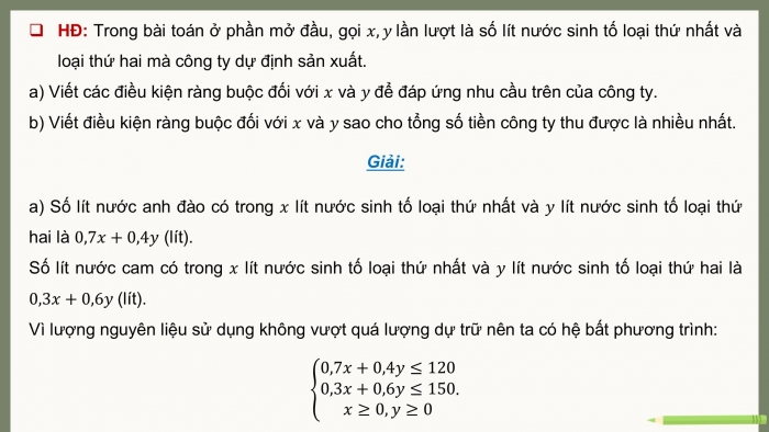 Giáo án điện tử chuyên đề Toán 12 cánh diều Bài 1: Vận dụng hệ bất phương trình bậc nhất để giải quyết một số bài toán quy hoạch tuyến tính