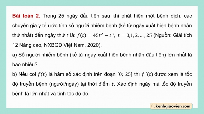 Giáo án điện tử chuyên đề Toán 12 cánh diều Bài 2: Vận dụng đạo hàm để giải quyết một số bài toán tối ưu trong thực tiễn