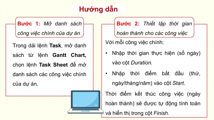 Giáo án điện tử chuyên đề Tin học ứng dụng 12 cánh diều Bài 2: Đặt tiến độ và phân bổ nguồn lực cho các công việc của dự án