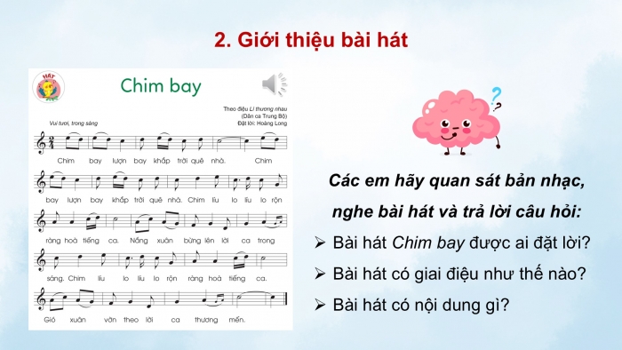 Giáo án điện tử Âm nhạc 5 cánh diều Tiết 13: Hát Chim bay