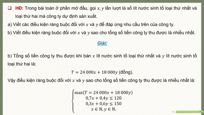 Giáo án điện tử chuyên đề Toán 12 cánh diều Bài 1: Vận dụng hệ bất phương trình bậc nhất để giải quyết một số bài toán quy hoạch tuyến tính