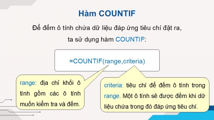 Giáo án điện tử Tin học 9 chân trời Bài 7A: Hàm đếm theo điều kiện COUNTIF