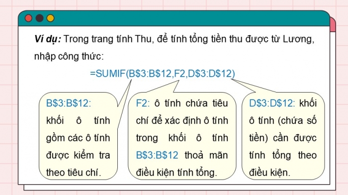 Giáo án điện tử Tin học 9 chân trời Bài 8A: Hàm tính tổng theo điều kiện SUMIF