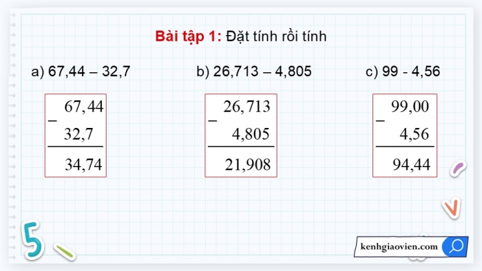 Giáo án PPT dạy thêm Toán 5 Chân trời bài 29: Trừ hai số thập phân