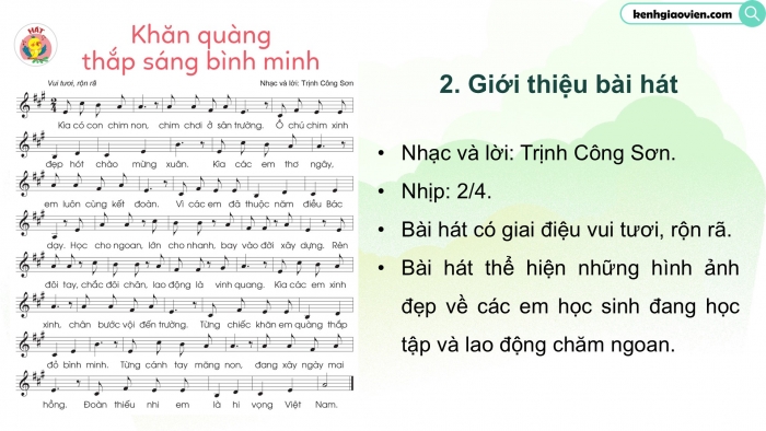 Giáo án điện tử Âm nhạc 5 cánh diều Tiết 9: Hát Khăn quàng thắp sáng bình minh