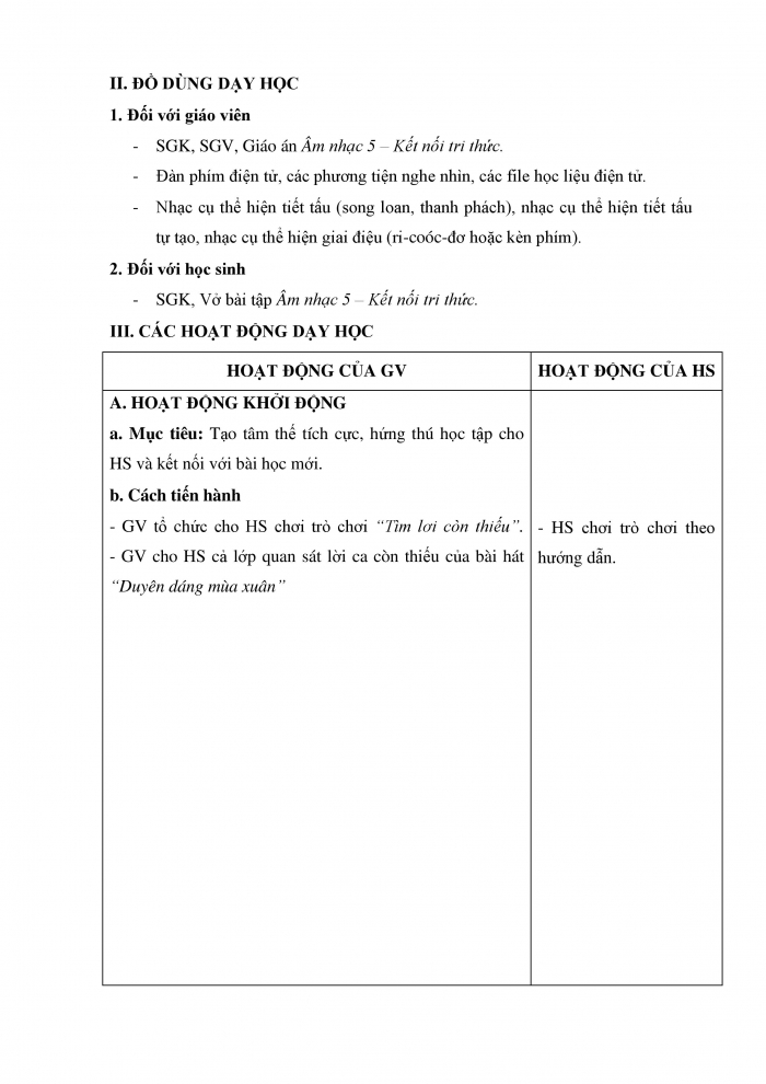 Giáo án và PPT Âm nhạc 5 kết nối Tiết 14: Nhạc cụ Nhạc cụ thể hiện tiết tấu và nhạc cụ thể hiện giai điệu, Ôn bài hát Duyên dáng mùa xuân