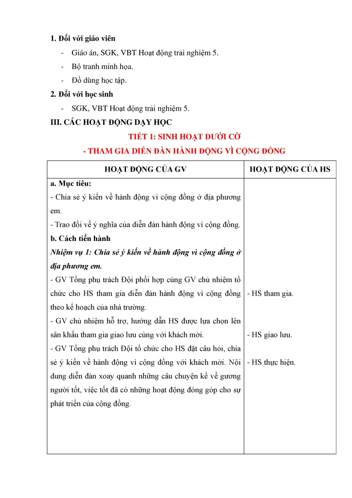 Giáo án và PPT Hoạt động trải nghiệm 5 chân trời bản 1 Chủ đề 4: Hoạt động vì cộng đồng - Tuần 15