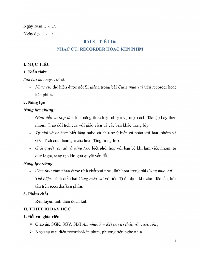 Giáo án và PPT Âm nhạc 9 kết nối Tiết 16: Nhạc cụ Recorder hoặc kèn phím