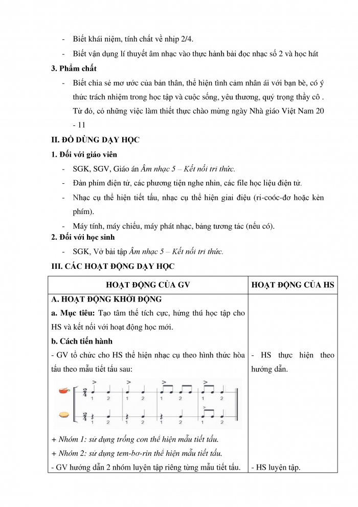 Giáo án và PPT Âm nhạc 5 kết nối Tiết 9: Lí thuyết âm nhạc Nhịp 2/4, Đọc nhạc Bài số 2