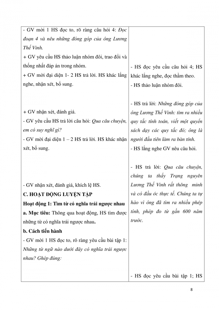 Giáo án và PPT Tiếng Việt 3 cánh diều Bài 7: Ông Trạng giỏi tính toán, Từ có nghĩa trái ngược nhau