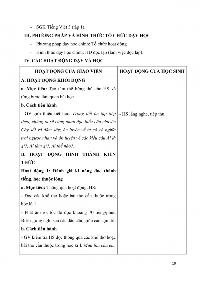 Giáo án và PPT Tiếng Việt 3 cánh diều Bài 10: Ôn tập cuối học kì I (Tiết 1 + 2)