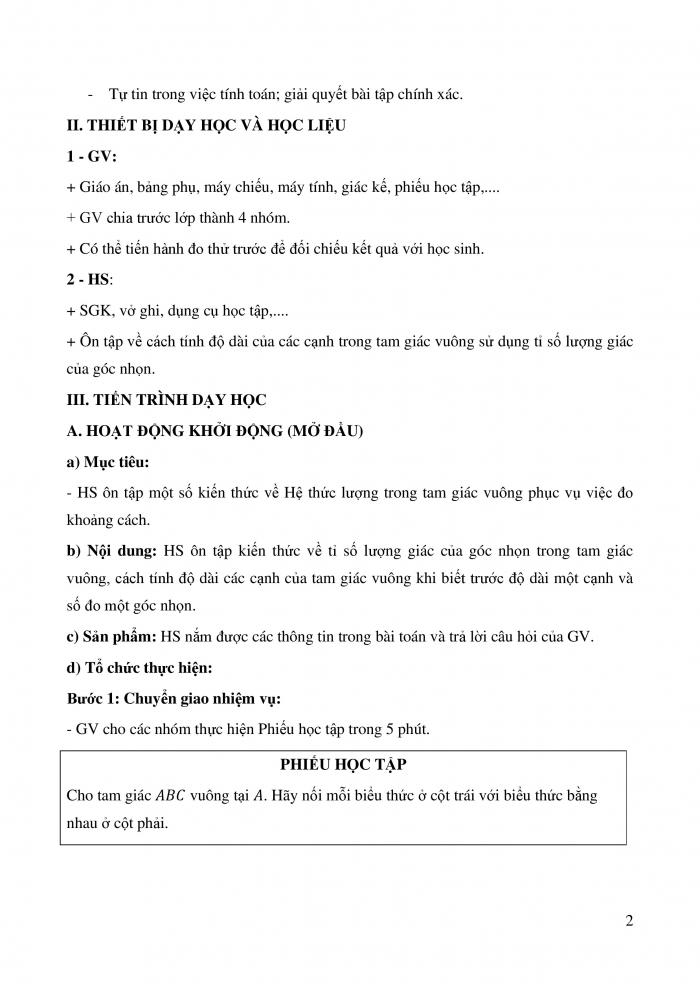 Giáo án và PPT Toán 9 Kết nối Hoạt động thực hành trải nghiệm: Tính chiều cao và xác định khoảng cách