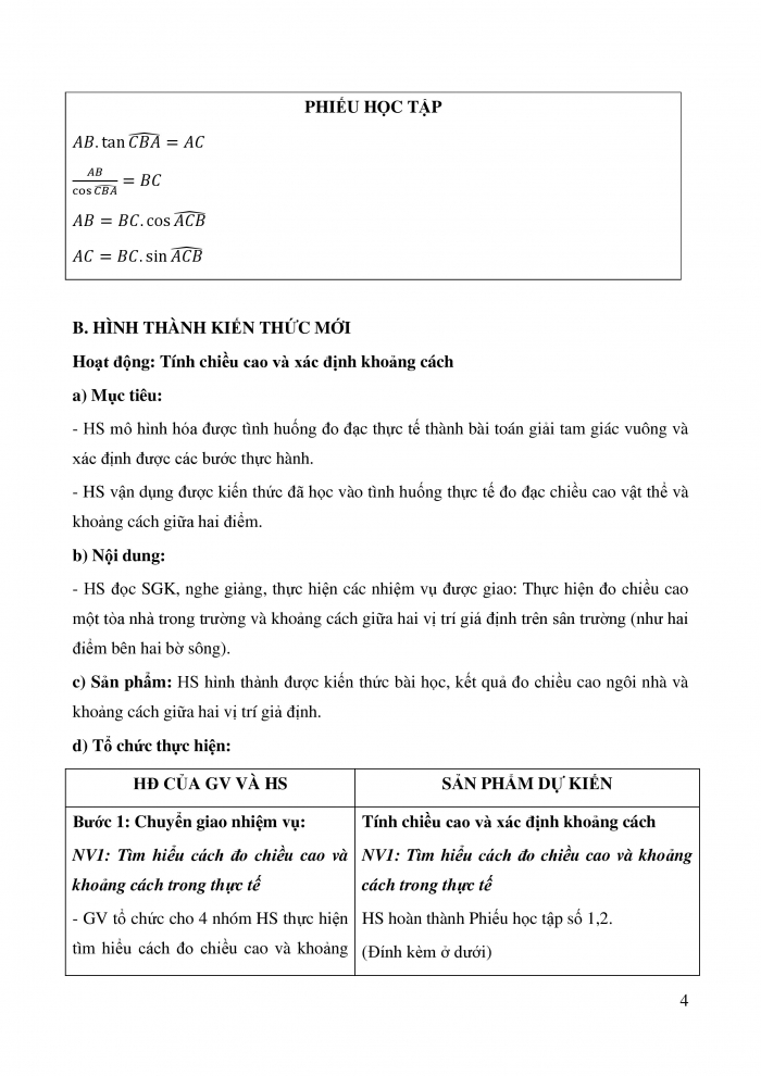 Giáo án và PPT Toán 9 Kết nối Hoạt động thực hành trải nghiệm: Tính chiều cao và xác định khoảng cách