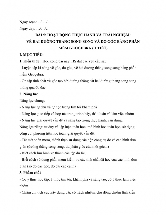 Giáo án và PPT Toán 7 chân trời Bài 5 Hoạt động thực hành và trải nghiệm: Vẽ hai đường thẳng song song và đo góc bằng phần mềm GeoGebra