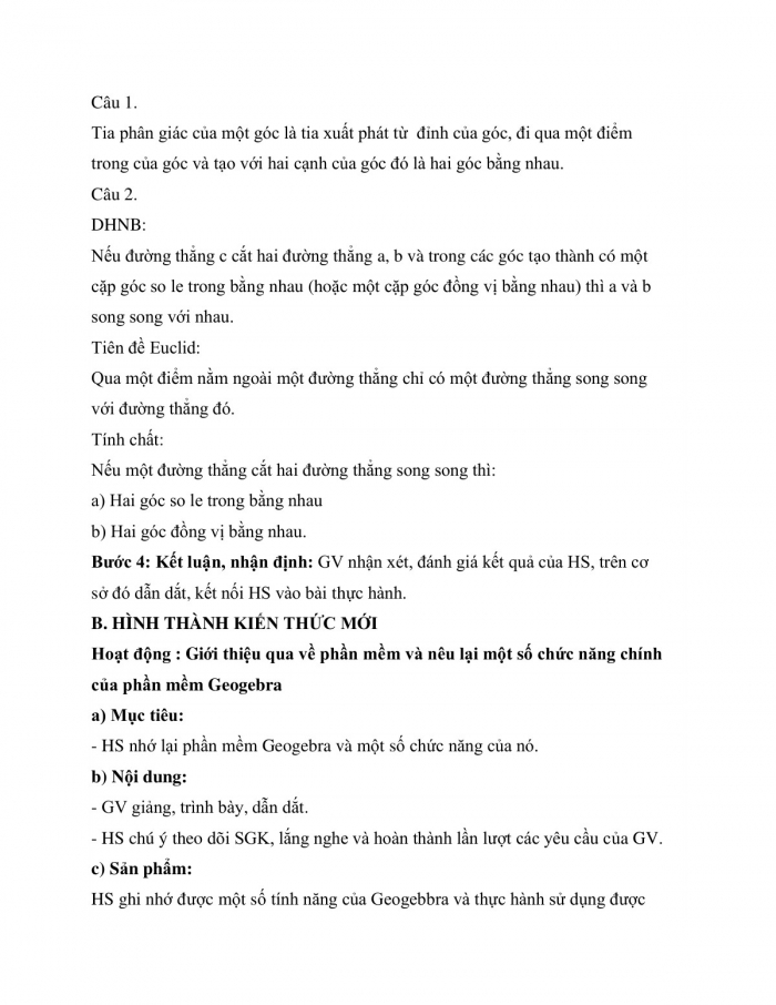 Giáo án và PPT Toán 7 chân trời Bài 5 Hoạt động thực hành và trải nghiệm: Vẽ hai đường thẳng song song và đo góc bằng phần mềm GeoGebra