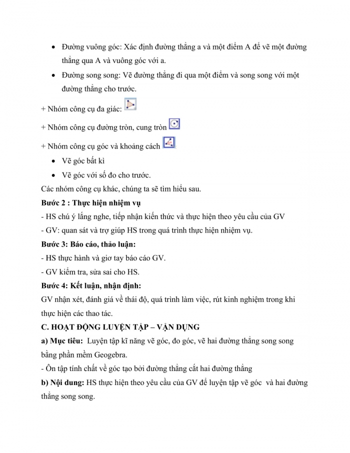 Giáo án và PPT Toán 7 chân trời Bài 5 Hoạt động thực hành và trải nghiệm: Vẽ hai đường thẳng song song và đo góc bằng phần mềm GeoGebra