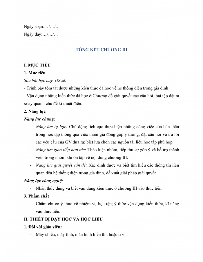 Giáo án và PPT công nghệ 12 điện - điện tử Kết nối bài Tổng kết chương III