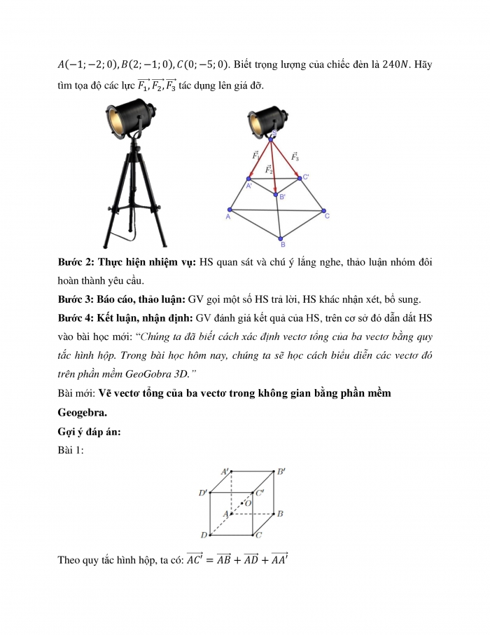 Giáo án và PPT Toán 12 kết nối Hoạt động thực hành trải nghiệm: Vẽ vectơ tổng của ba vectơ trong không gian bằng phần mềm GeoGebra