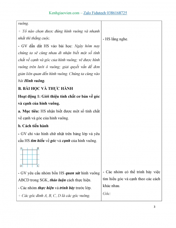 Giáo án và PPT Toán 3 chân trời bài Hình vuông