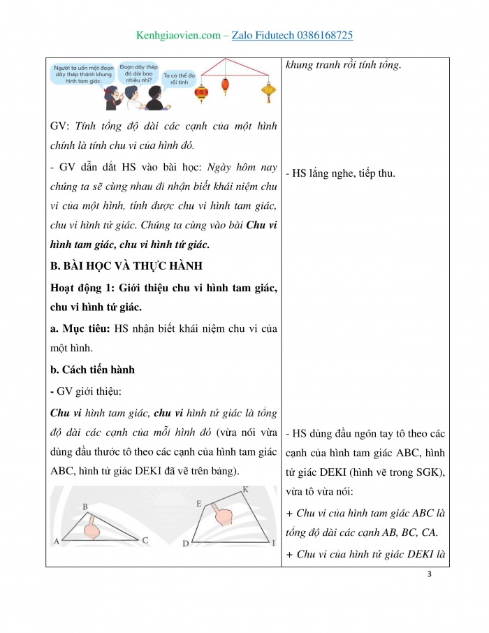 Giáo án và PPT Toán 3 chân trời bài Chu vi hình tam giác, chu vi hình tứ giác