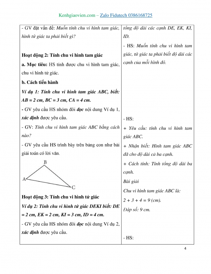 Giáo án và PPT Toán 3 chân trời bài Chu vi hình tam giác, chu vi hình tứ giác