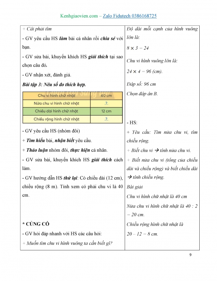 Giáo án và PPT Toán 3 chân trời bài Chu vi hình vuông