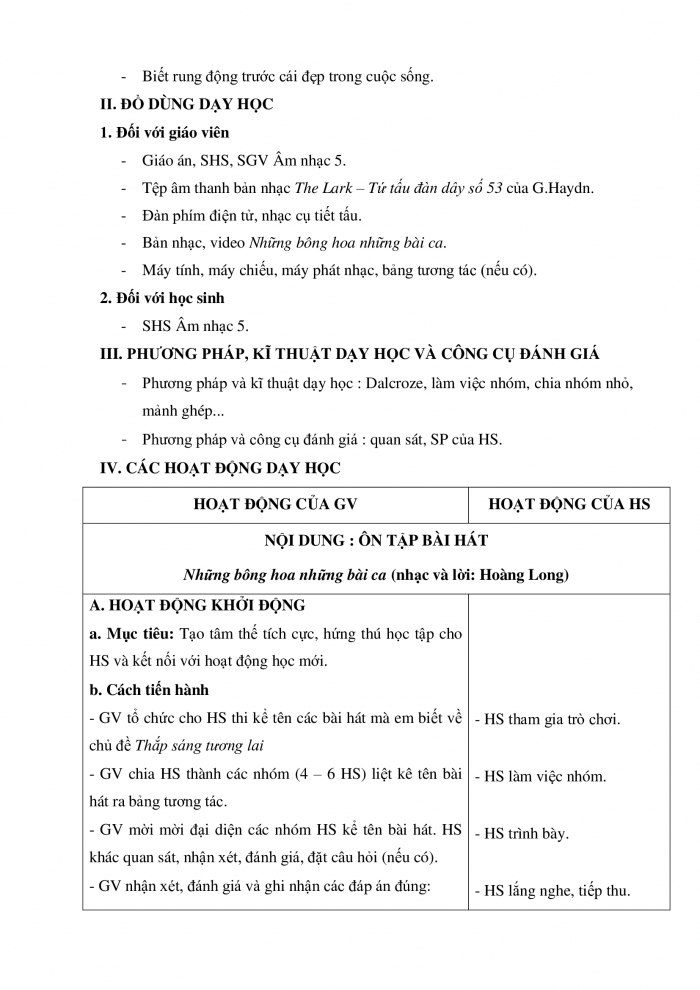 Giáo án và PPT Âm nhạc 5 chân trời Tiết 2: Ôn tập hát Những bông hoa những bài ca. Nghe nhạc Chim sơn ca