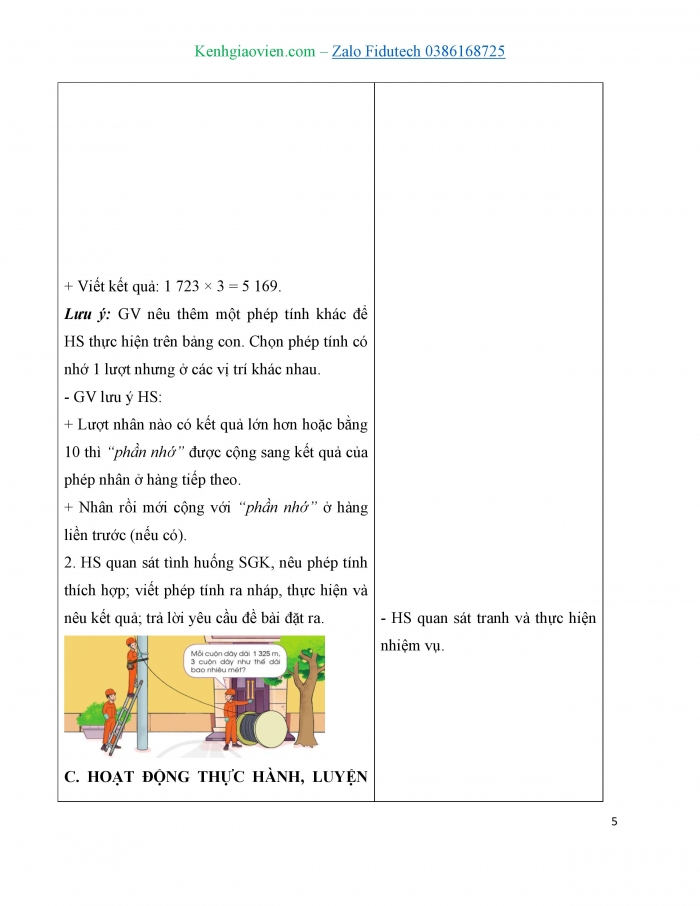 Giáo án và PPT Toán 3 cánh diều bài Nhân với số có một chữ số (có nhớ)