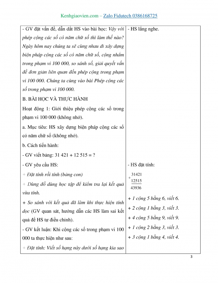 Giáo án và PPT Toán 3 chân trời bài Phép cộng các số trong phạm vi 100 000
