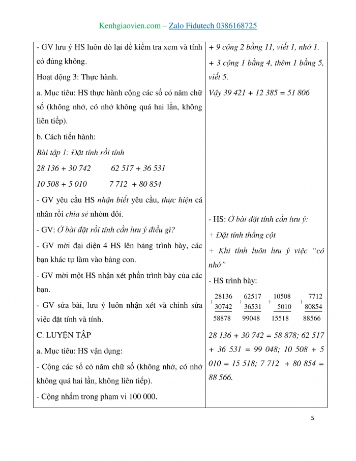 Giáo án và PPT Toán 3 chân trời bài Phép cộng các số trong phạm vi 100 000