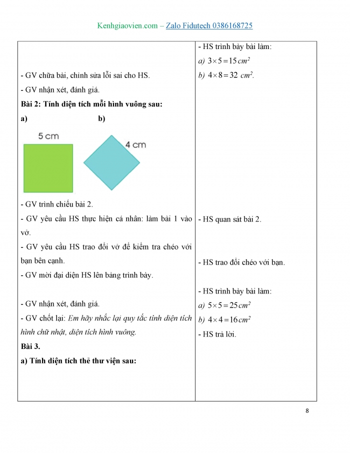 Giáo án và PPT Toán 3 cánh diều bài Diện tích hình chữ nhật. Diện tích hình vuông