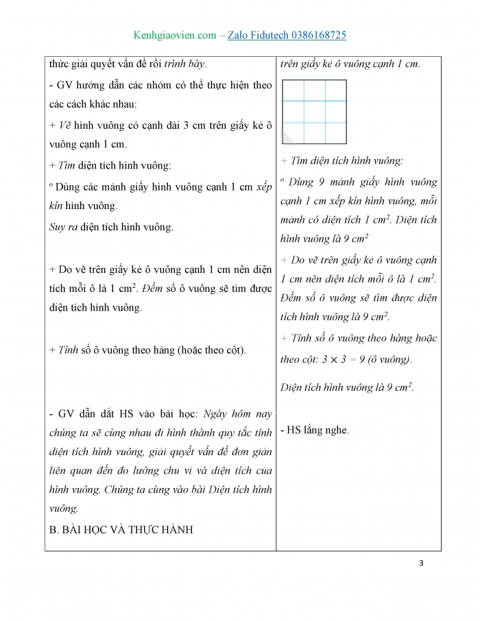 Giáo án và PPT Toán 3 chân trời bài Diện tích hình vuông