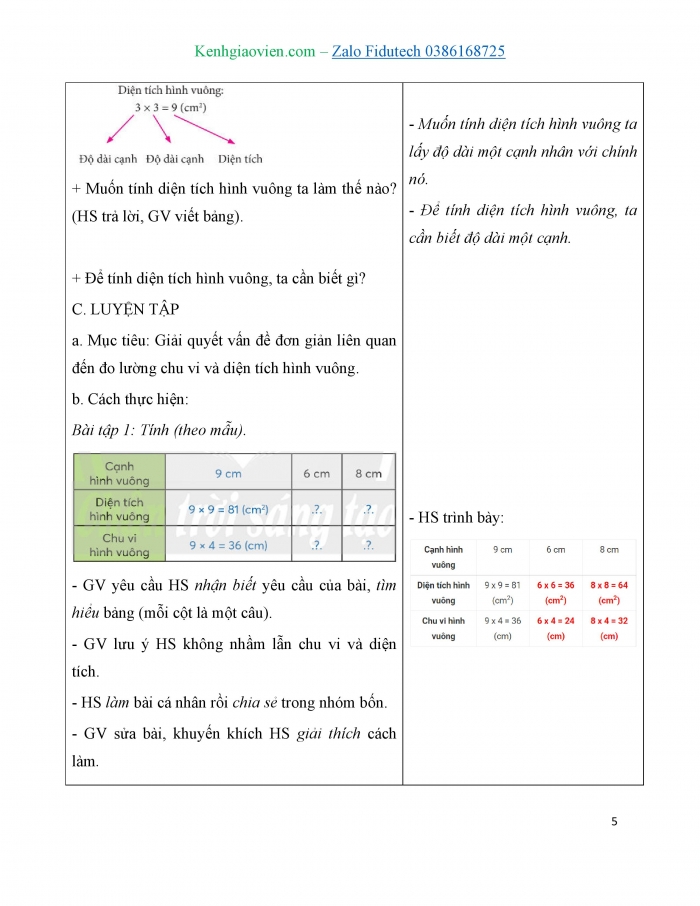 Giáo án và PPT Toán 3 chân trời bài Diện tích hình vuông