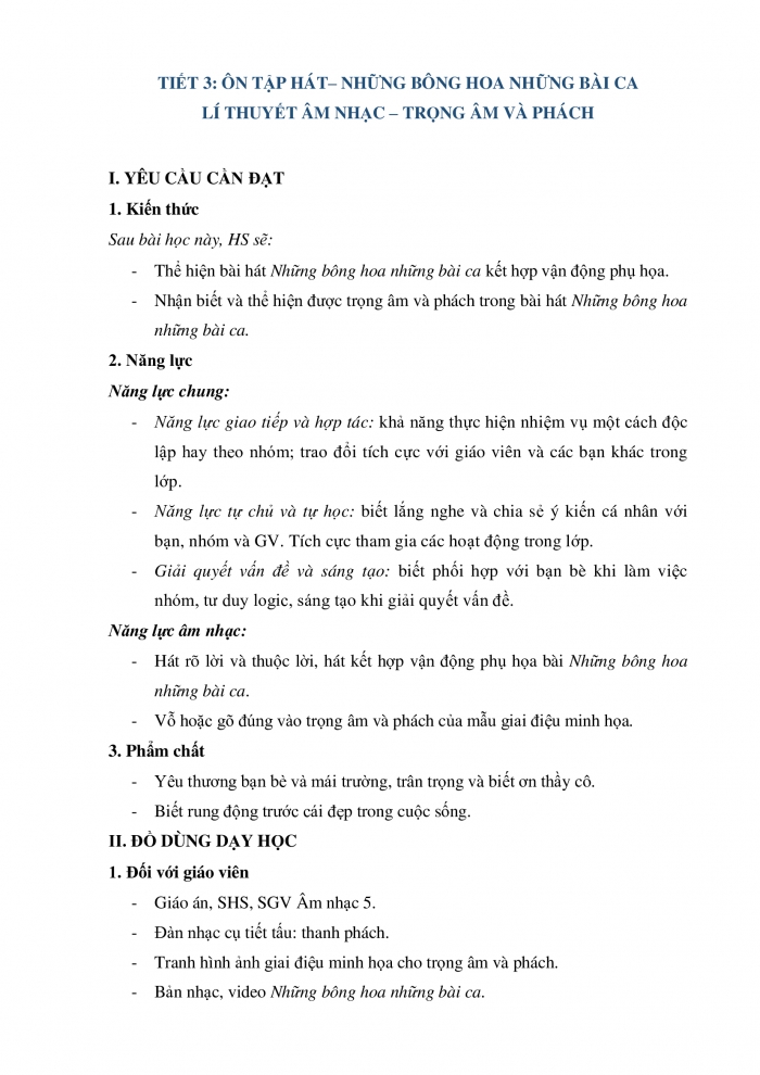 Giáo án và PPT Âm nhạc 5 chân trời Tiết 3: Ôn tập hát những bông hoa những bài ca. Lí thuyết âm nhạc trọng âm và phách