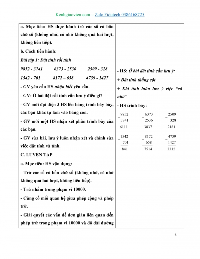 Giáo án và PPT Toán 3 chân trời bài Phép trừ các số trong phạm vi 10 000