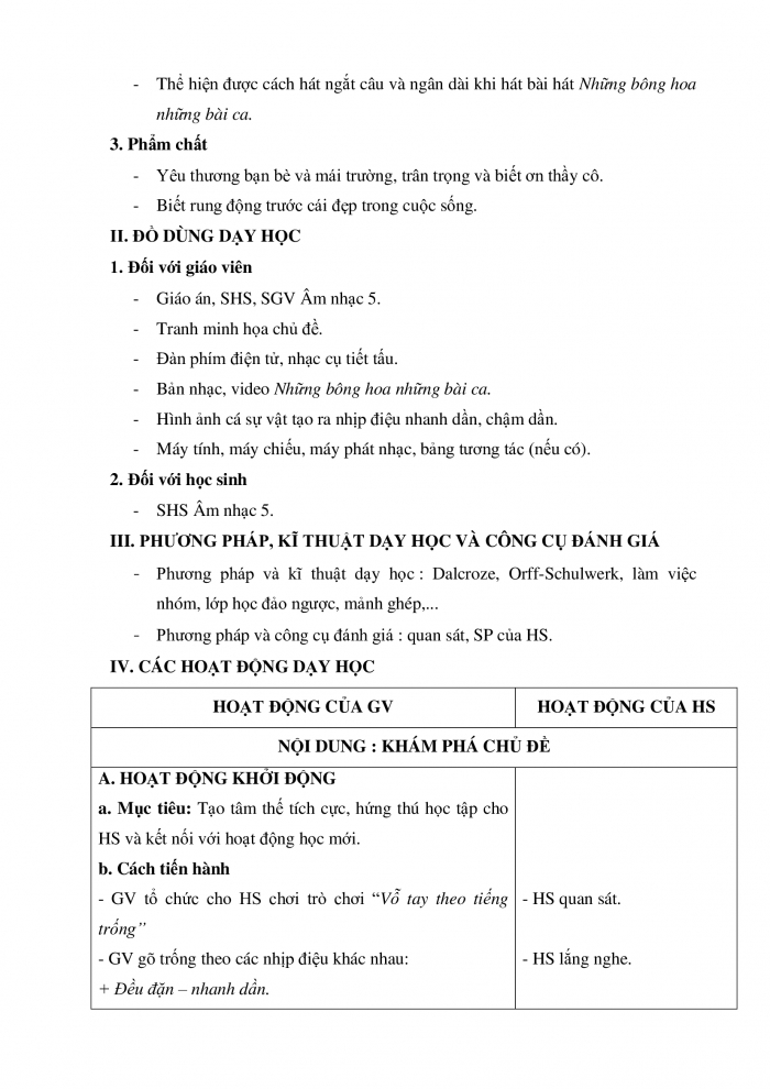 Giáo án và PPT Âm nhạc 5 chân trời Tiết 1: Khám phá nhịp điệu nhanh dần, chậm dần. Hát Những bông hoa những bài ca