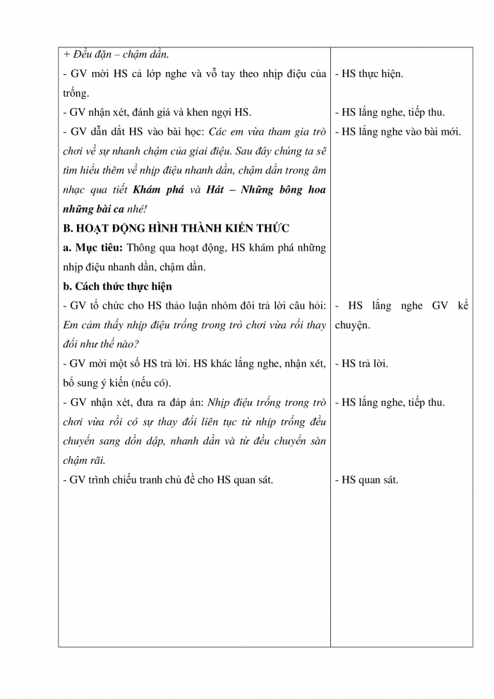 Giáo án và PPT Âm nhạc 5 chân trời Tiết 1: Khám phá nhịp điệu nhanh dần, chậm dần. Hát Những bông hoa những bài ca