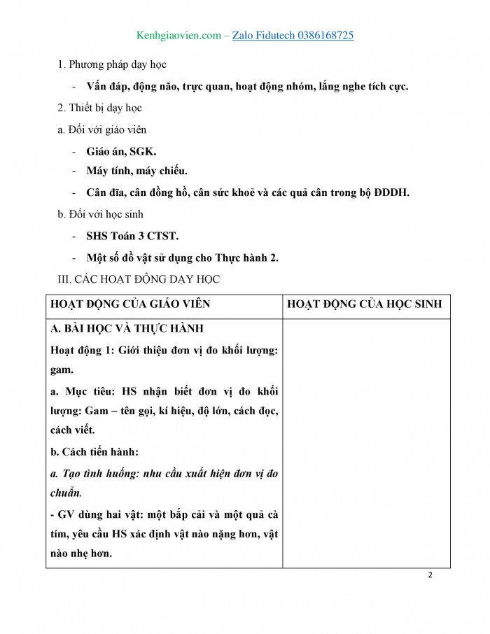 Giáo án và PPT Toán 3 chân trời bài Gam