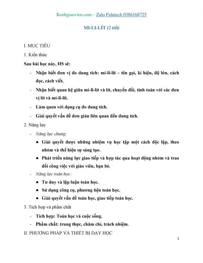 Giáo án và PPT Toán 3 chân trời bài Mi-li-lít