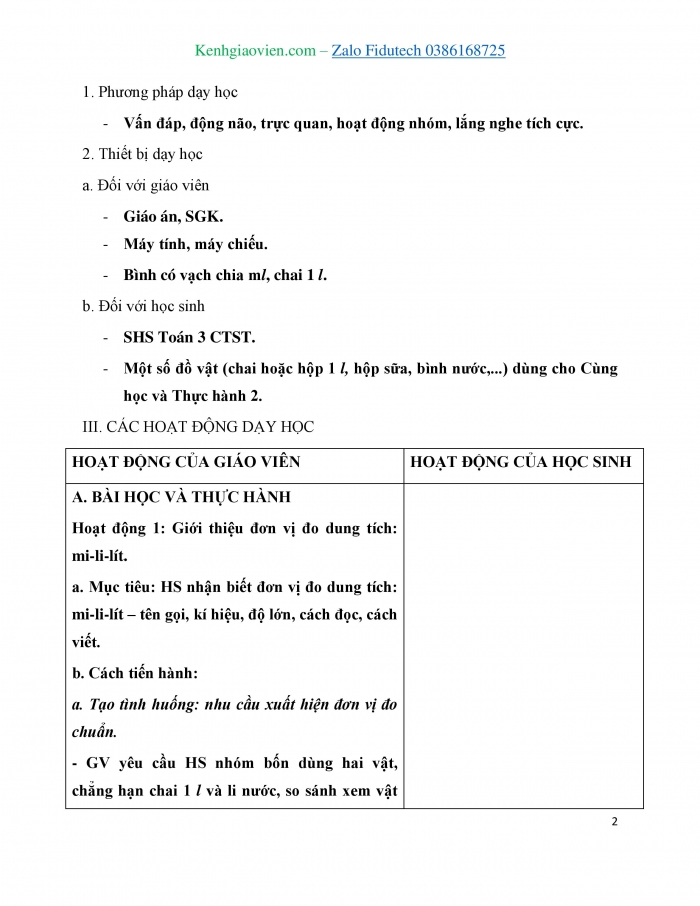 Giáo án và PPT Toán 3 chân trời bài Mi-li-lít