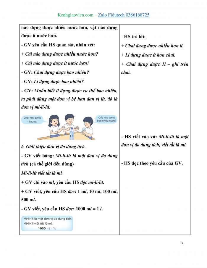 Giáo án và PPT Toán 3 chân trời bài Mi-li-lít