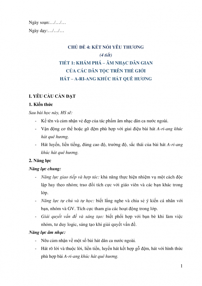 Giáo án và PPT Âm nhạc 5 chân trời Tiết 1: Khám phá âm nhạc dân gian của các dân tộc trên thế giới. Hát A-ri-ang khúc hát quê hương